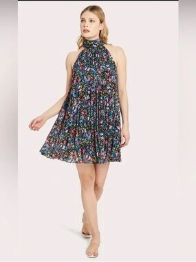 Milly Black Multi-Color Floral Halter Mini Dress